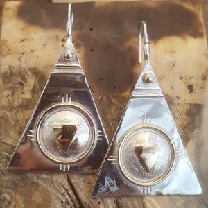 14KYG/925 Silver Southwest Style Artesanal Earrings "June Cabat" Signed